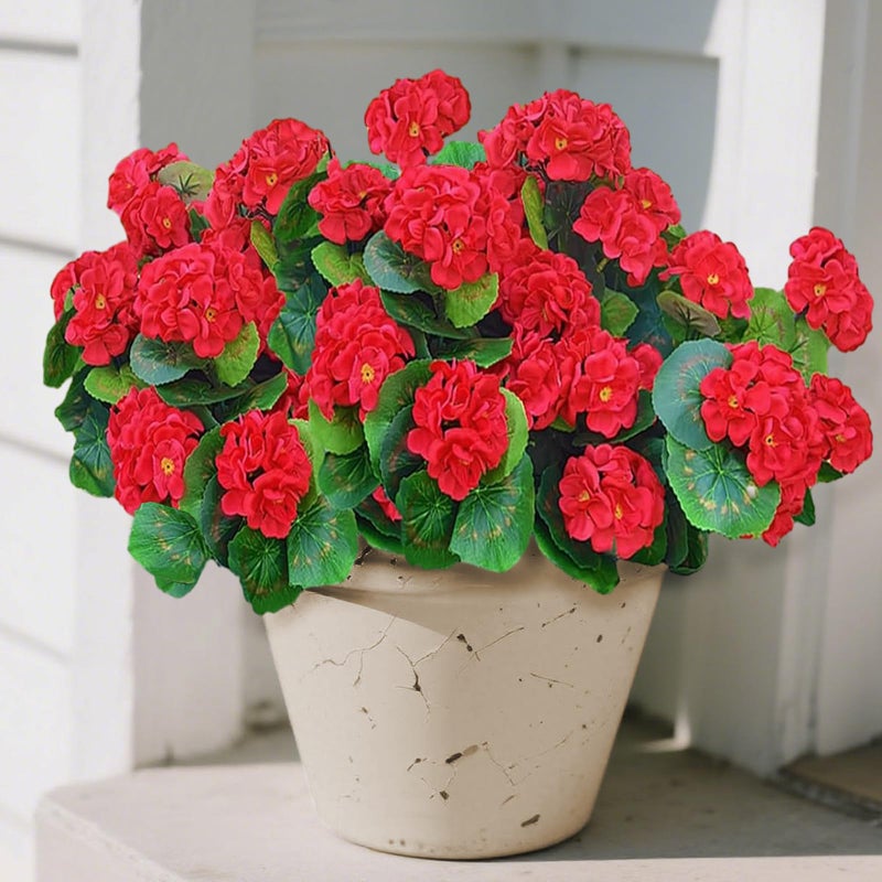 Cherica Fake Outdoor Flowers, 4 Pcs Artificial Flowers For Outdoors, Red Artificial Geraniums Plastic Flowers, Fake Plant For Outside, Silk Faux Flowers For Outdoor Planters UV Resistant For Front Porch - Image 1