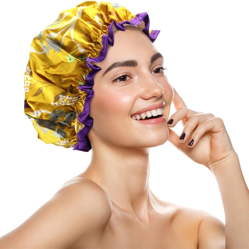 TCOTBE 4 Pcs Reusable Waterproof Shower Hat with PEVA Lining Double Layers Elastic Satin Large Shower Caps Washable Shower Hats for Girls Women Long Hair All Hair Lengths - Image 4