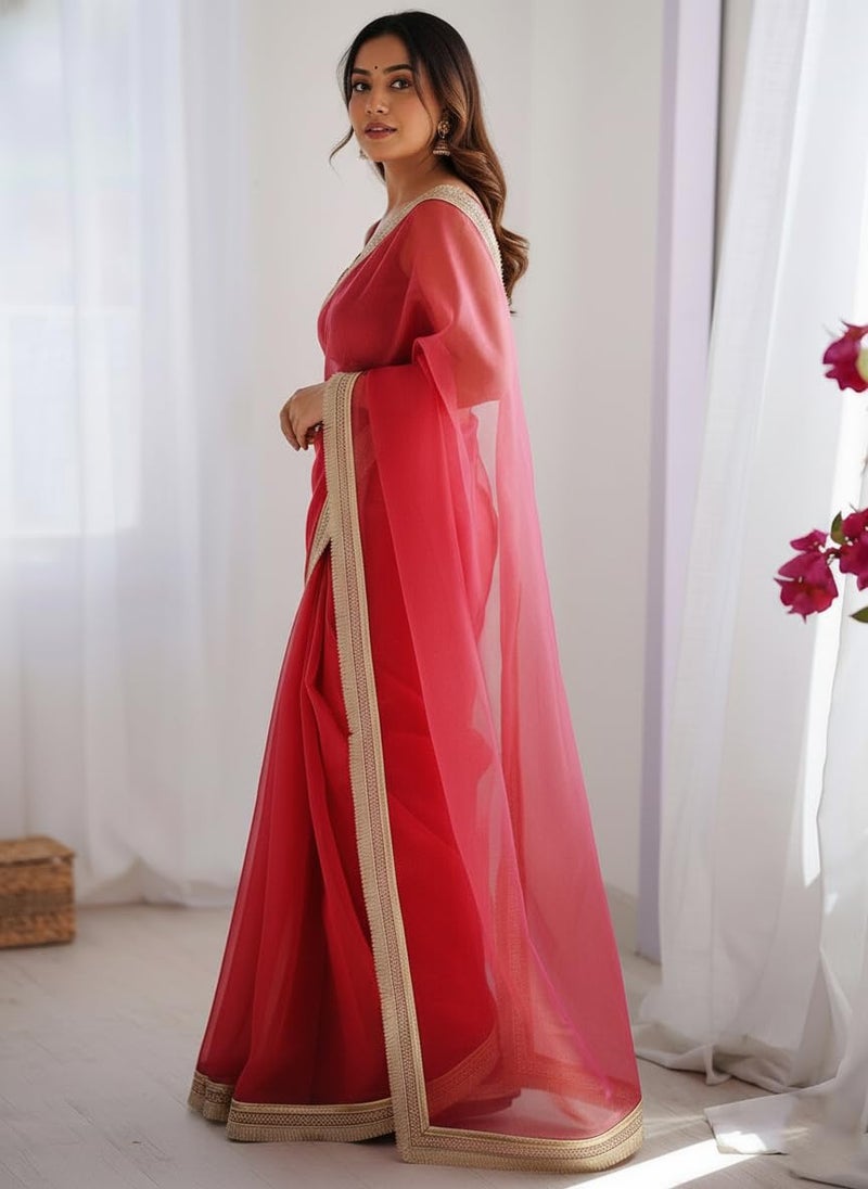 Yashika Women's Organza Plain Lace Border Saree | Red Color Saree | Women Sari | Saree_(AZ-YS-OG3-DILBAR RED) - Image 5