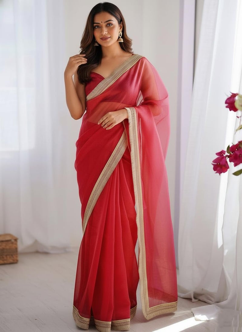 Yashika Women's Organza Plain Lace Border Saree | Red Color Saree | Women Sari | Saree_(AZ-YS-OG3-DILBAR RED) - Image 4