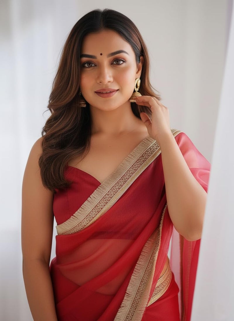 Yashika Women's Organza Plain Lace Border Saree | Red Color Saree | Women Sari | Saree_(AZ-YS-OG3-DILBAR RED) - Image 2