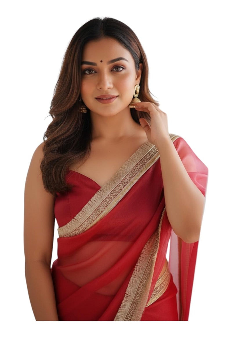 Yashika Women's Organza Plain Lace Border Saree | Red Color Saree | Women Sari | Saree_(AZ-YS-OG3-DILBAR RED) - Image 1