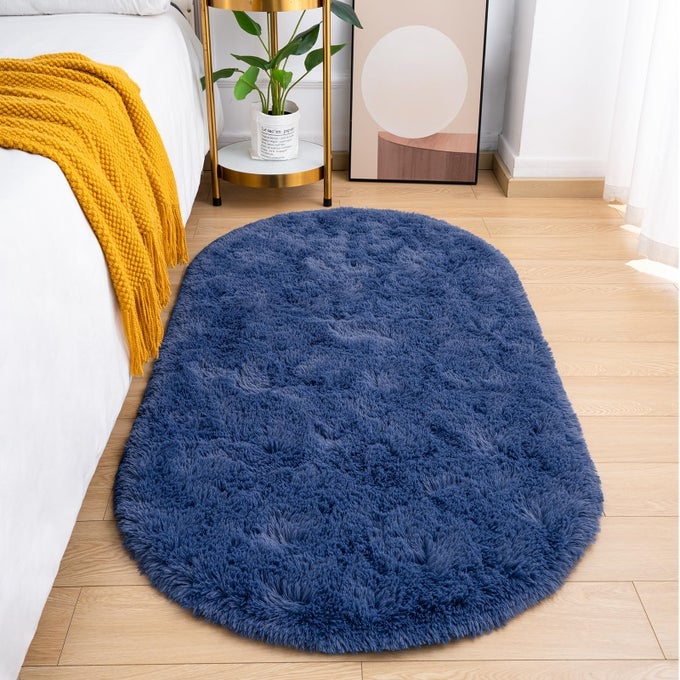 FLUFFY BEDROOM RUG SMALL OVAL AREA RUGS LIGHT NAVY SHAG BEDSIDE CARPET FOR KIDS ROOM NURSERY DORM CUTE FUZZY INDOOR DECOR FOR BOY AND GIRL 26 X 52 FEET