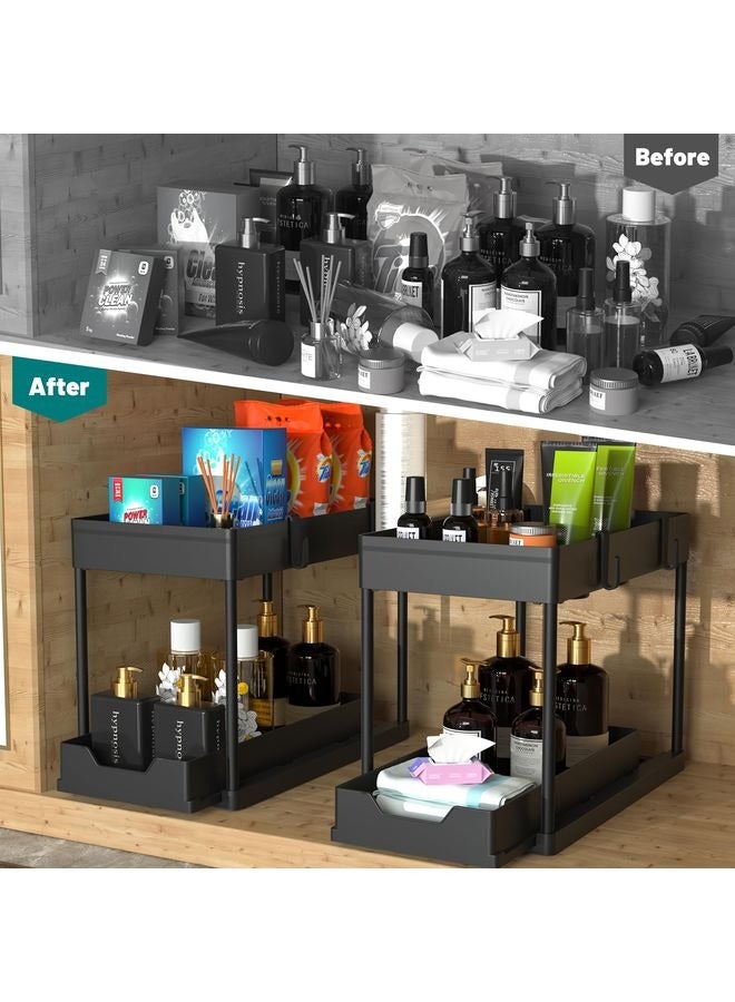HOMESTAR 2PC Under Sink Organizer Rack 2 Tier Under Sliding Cabinet Basket Organizer Drawer with 4 Hooks, Multi-purpose Under Sink Storage for Bathroom Kitchen Desktop（Black） - Image 2