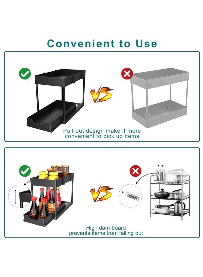 HOMESTAR 2PC Under Sink Organizer Rack 2 Tier Under Sliding Cabinet Basket Organizer Drawer with 4 Hooks, Multi-purpose Under Sink Storage for Bathroom Kitchen Desktop（Black） - Image 3