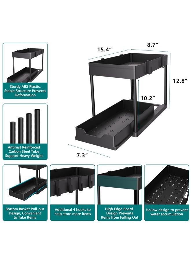 HOMESTAR 2PC Under Sink Organizer Rack 2 Tier Under Sliding Cabinet Basket Organizer Drawer with 4 Hooks, Multi-purpose Under Sink Storage for Bathroom Kitchen Desktop（Black） - Image 4