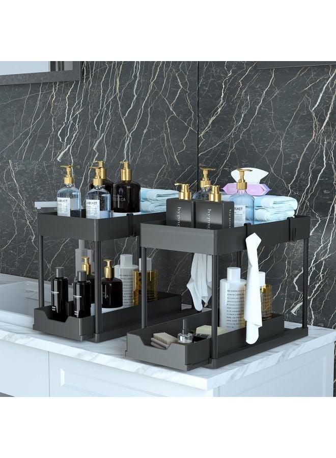 HOMESTAR 2PC Under Sink Organizer Rack 2 Tier Under Sliding Cabinet Basket Organizer Drawer with 4 Hooks, Multi-purpose Under Sink Storage for Bathroom Kitchen Desktop（Black） - Image 5