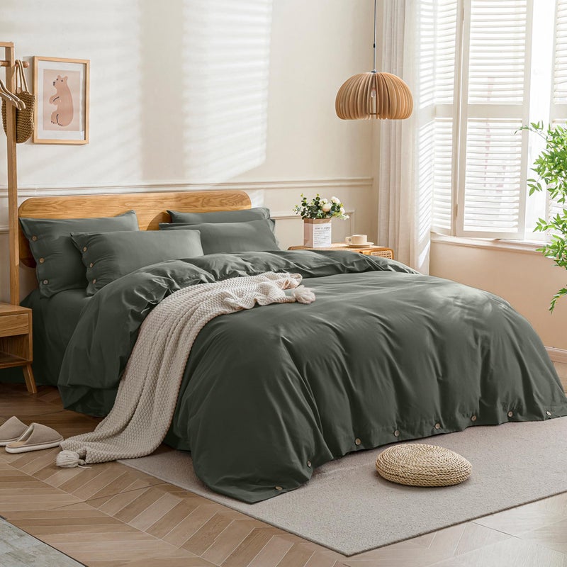 JELLYMONI Cotton Duvet Cover Queen Size - Gray Comforter Cover with Button 100% Washed Cotton 3PCS Breathable Soft Solid Bedding Set Duvet Cover 90Ã—90in & 2 Pillowcases (NO Comforter) - Image 2