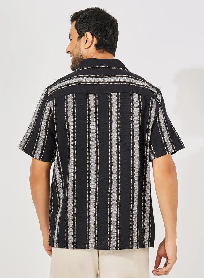 Styli Striped Cotton Dobby Resort Collar Relaxed Fit Shirt