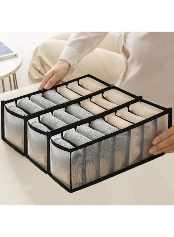 atorakushon Fabric 7 Compartment Wardrobe Organizer/Closet Storage Box for Underwear/Socks/Ties/Scarves/Bras/Lingerie/Almirah Compartment Storage Solution Foldable Drawer Organizers (Pack of 3 Black) - Image 1