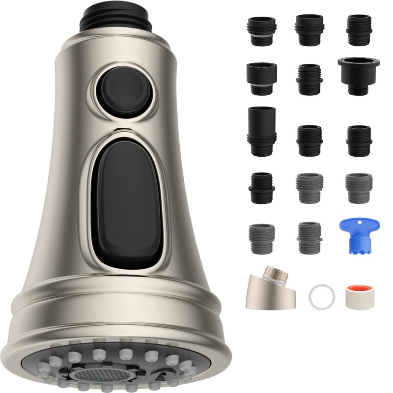 Hibbent Kitchen Faucet Head Replacement NSFANSICAN 61 CUPC Certified 3 Function Pull Down Faucet Spray Nozzle15 Adapters Compatible with Moen American Standard Delta Kohler Brushed Nickel