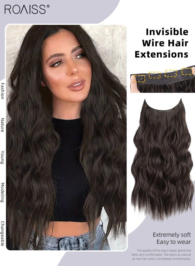 roaiss Invisible Wire Hair Extensions with Transparent Headband Adjustable Size with 4 Secure Clips Dark Brown Long Wavy Hairpiece 20 Inch for Women - Image 1
