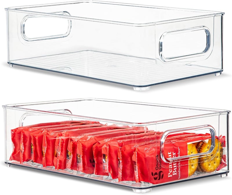 PrimeBox Plastic Food Storage 2 Pack Clear Container Bin with Handles for Organizing Kitchen, Pantry, Refrigerator, Freezer, Pantry, Cabinet, Closet, Bathroom. Stackable 10”x6”x3” - Image 1
