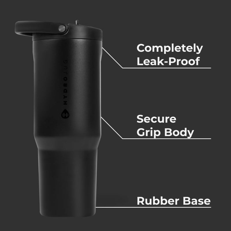 HydroJug Sport - Stainless Steel Tumbler with Straw, Vacuum Insulated, 32oz Leakproof Water Bottle, Ergonomic Design, Reusable, Dishwasher Safe, Rubber Base, Durable for Gym or Outdoors, Black - Image 2