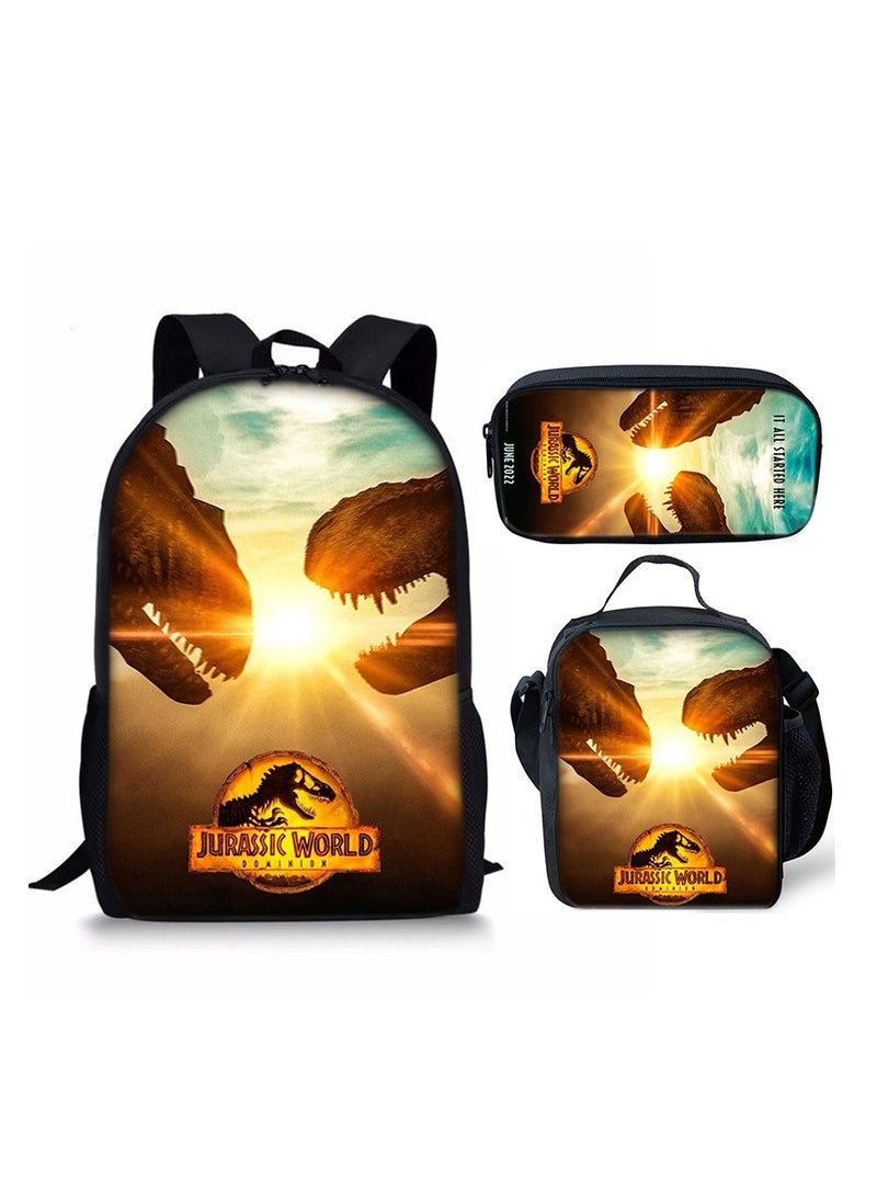 JURASSIC WORLD New Jurassic Park Dinosaur Three piece Set with Large Capacity Backpack, Student School Bag, Lunch Bag, Pen Bag  - Image 1