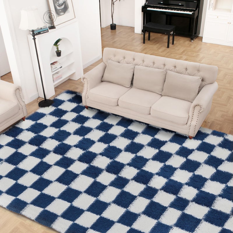 TOOHUB Super Soft Rug for Bedroom, 5x7 ft Blue and White Area Rug Classic Checkered Shaggy Anti-Skid High Pile Soft Fluffy Rug Fuzzy Carpet for Living Room Bedroom Kids Room Nursery, Dorm - Image 3