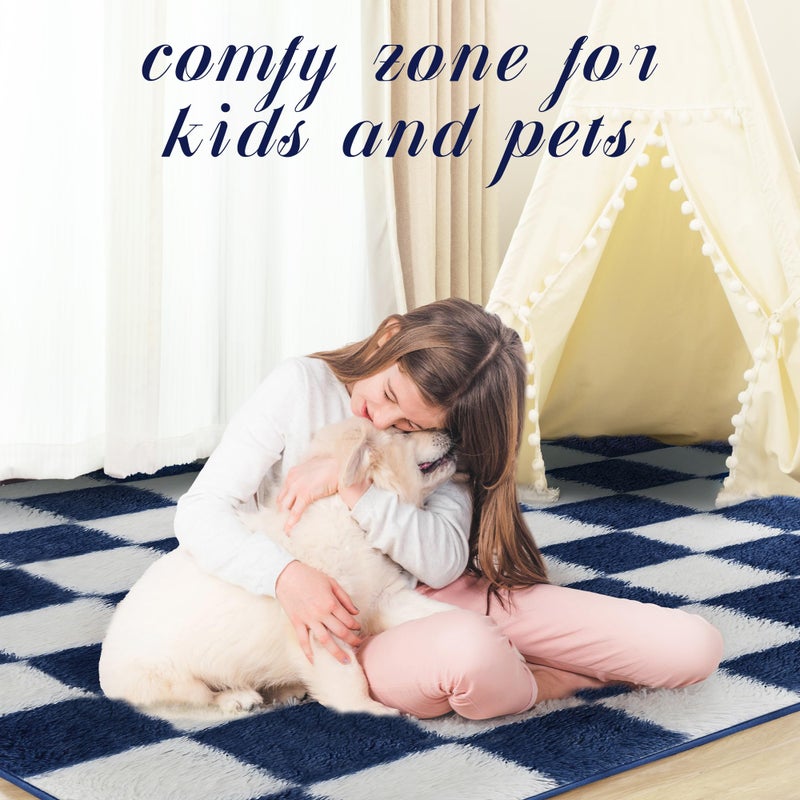 TOOHUB Super Soft Rug for Bedroom, 5x7 ft Blue and White Area Rug Classic Checkered Shaggy Anti-Skid High Pile Soft Fluffy Rug Fuzzy Carpet for Living Room Bedroom Kids Room Nursery, Dorm - Image 2