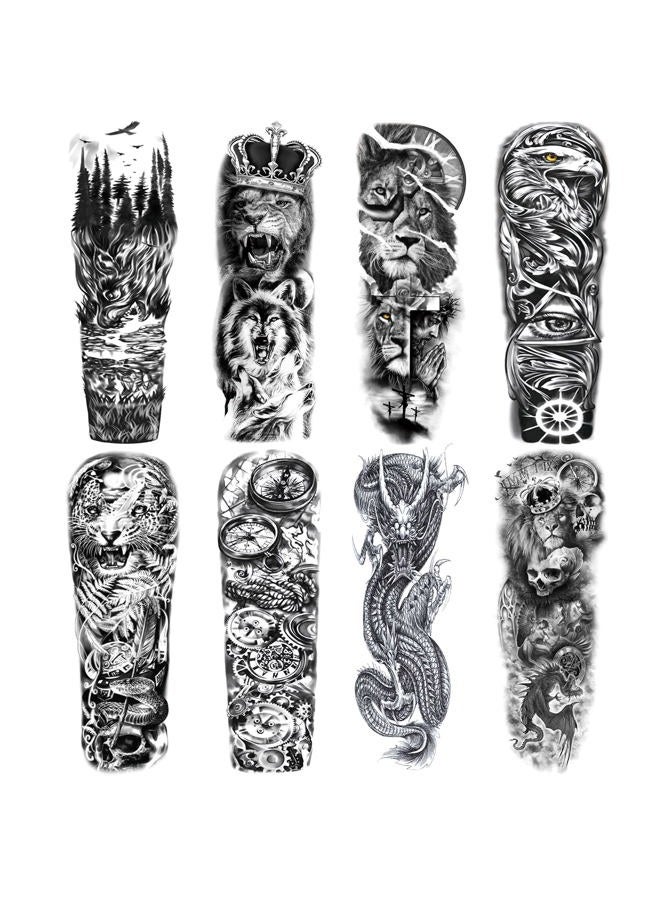 Briyhose Lion Wolf Fake Tattoos Sleeve Stickers, Full Arm Dragon Animal Tribal Temporary Tattoo Sleeves For Men Women Adults, Long Lasting Large Black Eagle Leopard Temp Tattoo Leg Body Art Makeup, 8-Sheet - Image 1