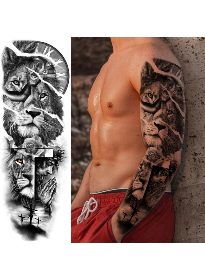 Briyhose Lion Wolf Fake Tattoos Sleeve Stickers, Full Arm Dragon Animal Tribal Temporary Tattoo Sleeves For Men Women Adults, Long Lasting Large Black Eagle Leopard Temp Tattoo Leg Body Art Makeup, 8-Sheet - Image 3