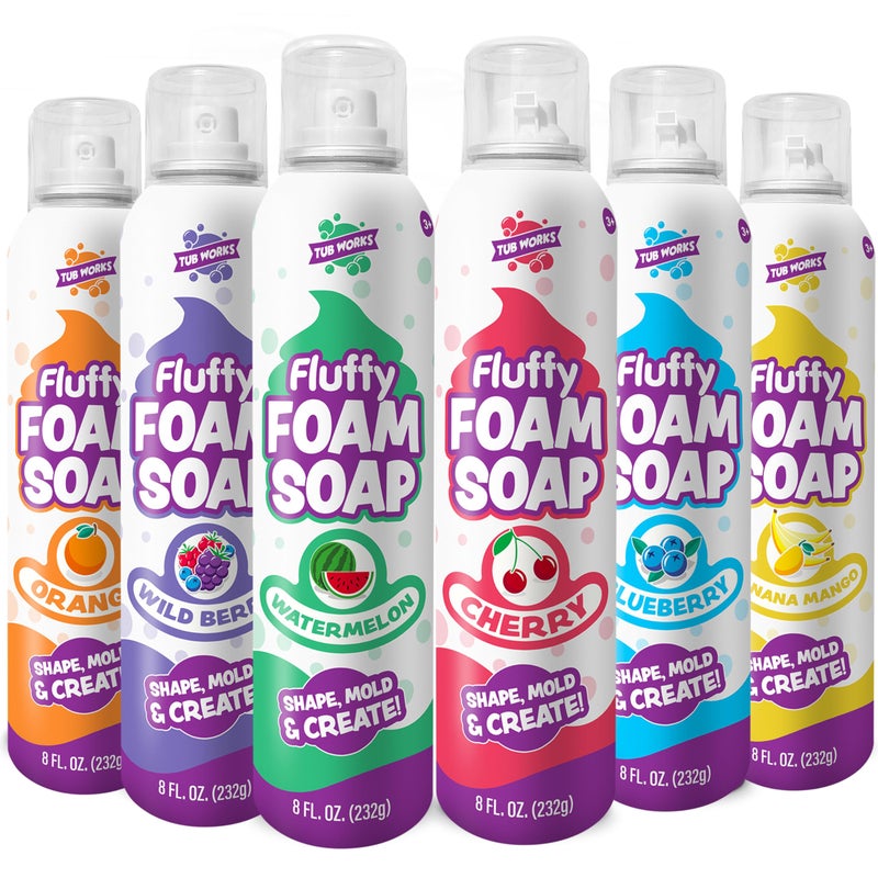 Tub Works Tub Works® Fluffy Foam Soap, Variety 6 Pack | Shape, Mold & Create Bath Art with Soft Bath Foam for Kids | Gentle, Cleansing Kids Bath Soap | Easy-to-Use Spray Nozzles | Fruity, Fun Bath Colors  - Image 1