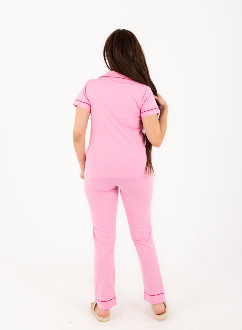 Women’s 3-Piece Cotton Pajama Set – Pink Button Shirt + Pants + Tank Top – Soft, Breathable, and Elegant –  Perfect for sleep, lounging at home, or casual daily wear  - Image 5