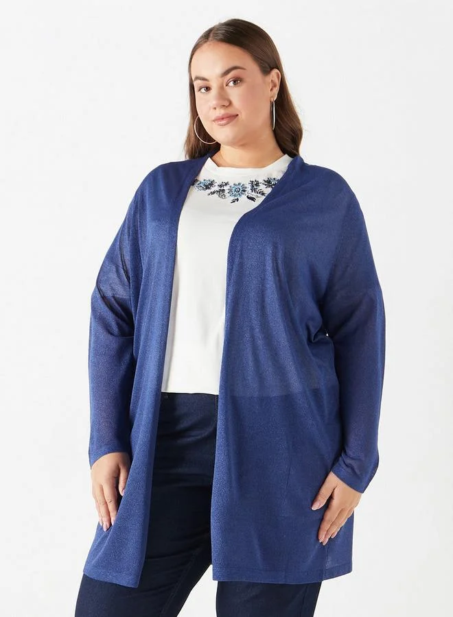 Ulla Popken Plus Size Ulla Popken Textured Open Front Shrug with Long Sleeves and Pockets