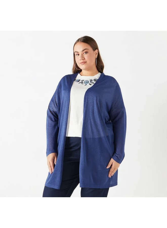 Ulla Popken Plus Size Ulla Popken Textured Open Front Shrug with Long Sleeves and Pockets