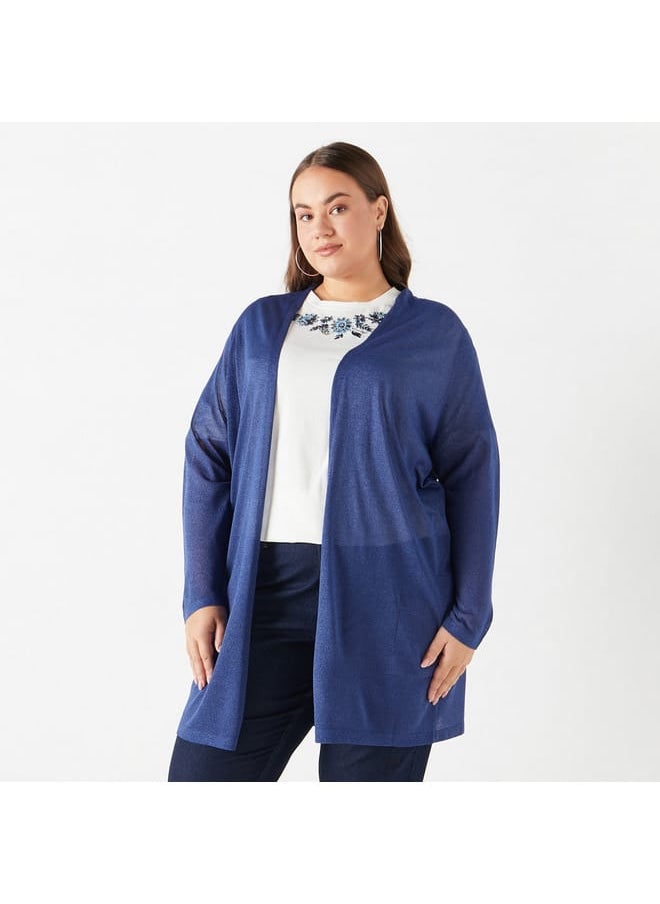 Ulla Popken Plus Size Ulla Popken Textured Open Front Shrug with Long Sleeves and Pockets  - Image 1