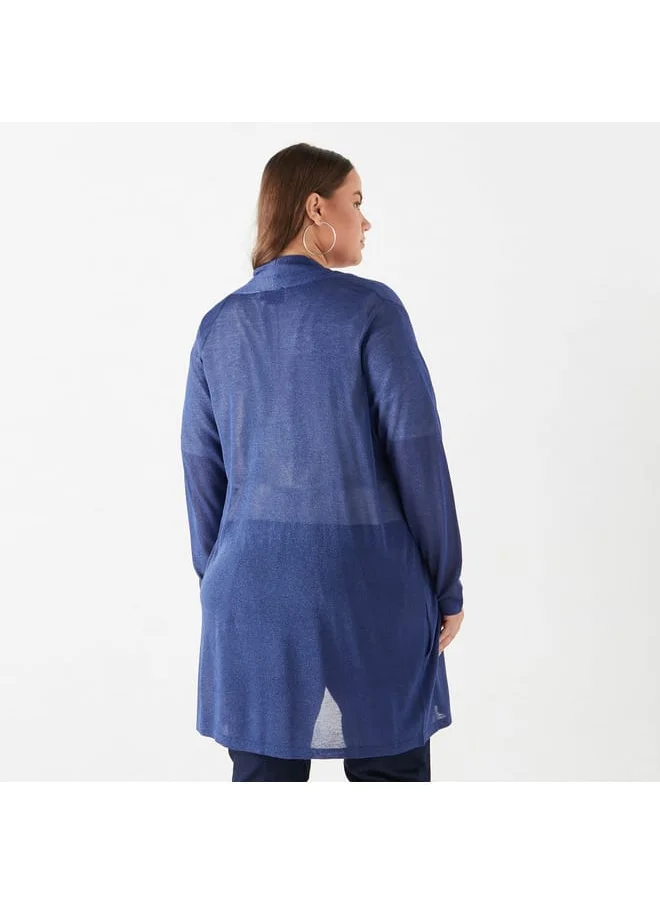 Ulla Popken Plus Size Ulla Popken Textured Open Front Shrug with Long Sleeves and Pockets