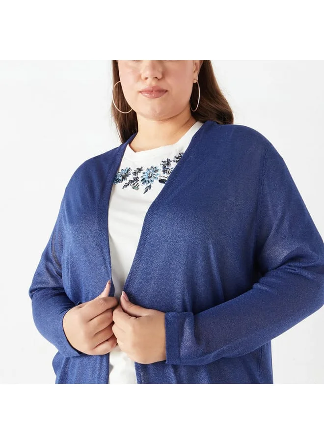 Ulla Popken Plus Size Ulla Popken Textured Open Front Shrug with Long Sleeves and Pockets