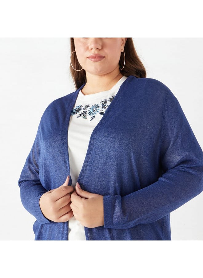 Ulla Popken Plus Size Ulla Popken Textured Open Front Shrug with Long Sleeves and Pockets  - Image 4