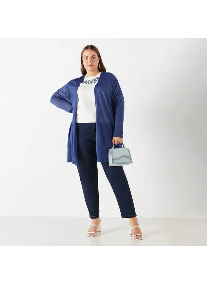 Ulla Popken Plus Size Ulla Popken Textured Open Front Shrug with Long Sleeves and Pockets