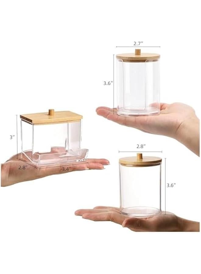 Bukela Cotton Swab/Ball/Pad Holder with Vanity Tray, Qtip Apothecary Jar, Clear Bathroom Containers Dispenser for Storage 3 Pack Wood Lids (2 Round+1 Square) - Image 2