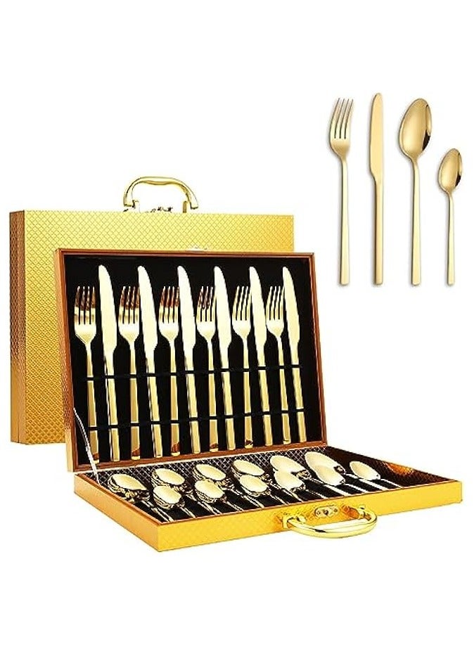 بروماس طقم أدوات مائدة غربية مطلي بالذهب طقم أدوات مائدة من الفولاذ المقاوم للصدأ 24 قطعة مع ملعقة شوكة سكين وخدمة ملعقة صغيرة لـ 6 أشخاص للمطبخ المنزلي مع صندوق خشبي (ذهبي) - Image 1