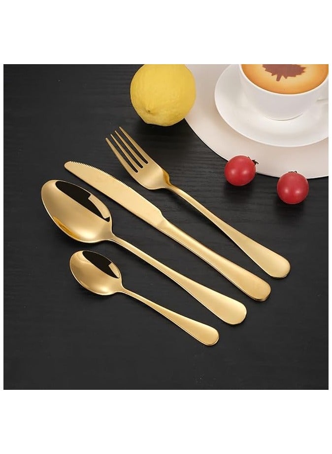 بروماس طقم أدوات مائدة غربية مطلي بالذهب طقم أدوات مائدة من الفولاذ المقاوم للصدأ 24 قطعة مع ملعقة شوكة سكين وخدمة ملعقة صغيرة لـ 6 أشخاص للمطبخ المنزلي مع صندوق خشبي (ذهبي) - Image 2