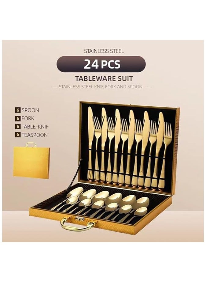 بروماس طقم أدوات مائدة غربية مطلي بالذهب طقم أدوات مائدة من الفولاذ المقاوم للصدأ 24 قطعة مع ملعقة شوكة سكين وخدمة ملعقة صغيرة لـ 6 أشخاص للمطبخ المنزلي مع صندوق خشبي (ذهبي) - Image 3