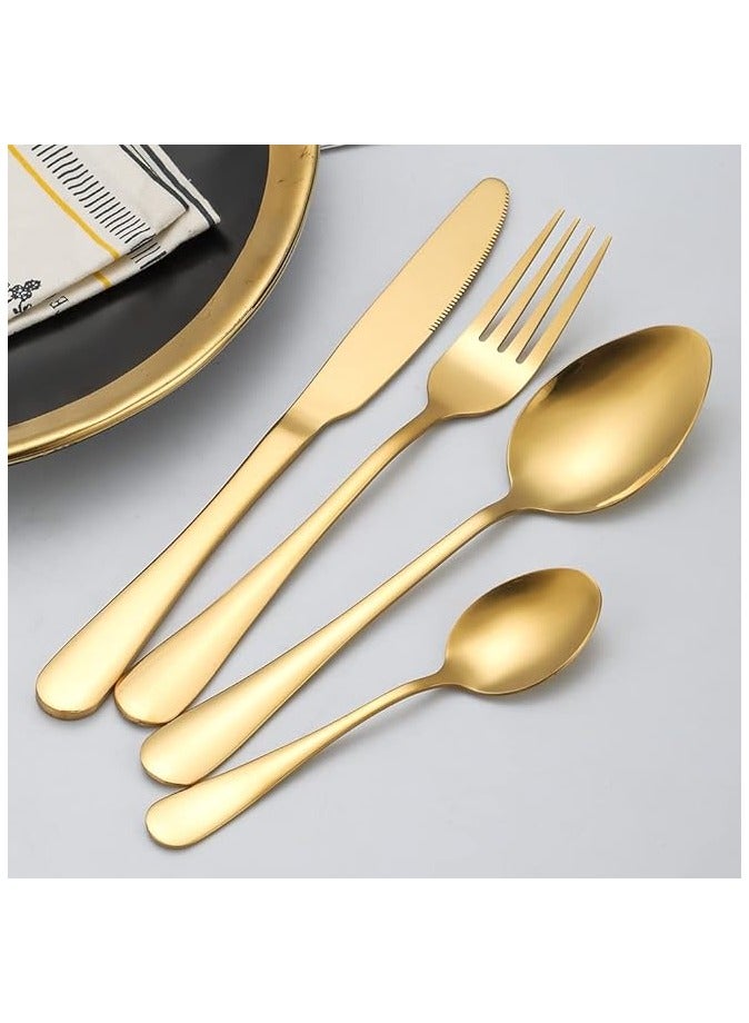 بروماس طقم أدوات مائدة غربية مطلي بالذهب طقم أدوات مائدة من الفولاذ المقاوم للصدأ 24 قطعة مع ملعقة شوكة سكين وخدمة ملعقة صغيرة لـ 6 أشخاص للمطبخ المنزلي مع صندوق خشبي (ذهبي) - Image 5