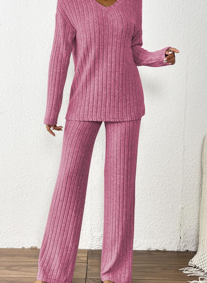 Take Two Pink Ribbed Knit V Neck T-Shirt and Pyjama Set - Image 3