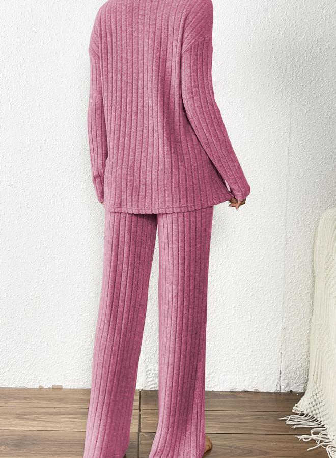 Take Two Pink Ribbed Knit V Neck T-Shirt and Pyjama Set - Image 2