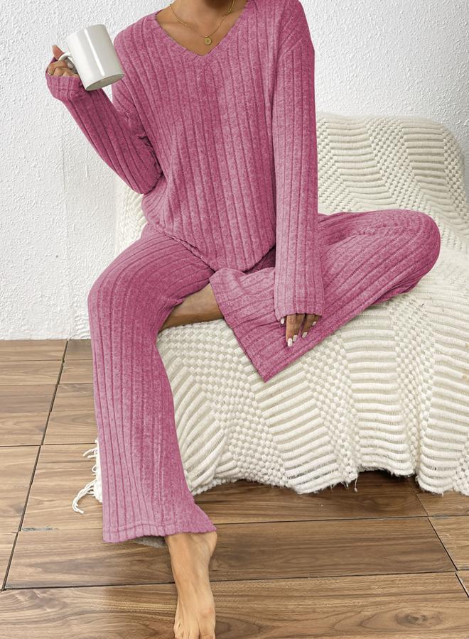 Take Two Pink Ribbed Knit V Neck T-Shirt and Pyjama Set - Image 5