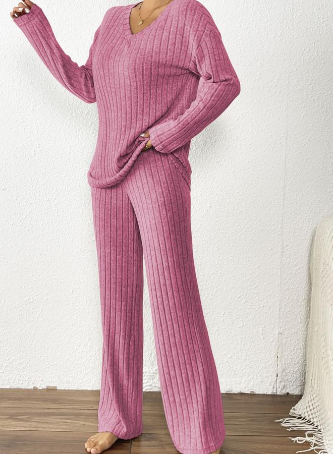 Take Two Pink Ribbed Knit V Neck T-Shirt and Pyjama Set - Image 4