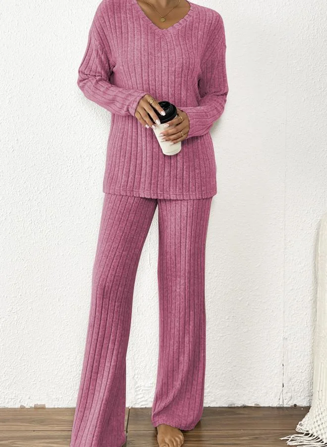 Take Two Take Two Pink Ribbed Knit V Neck T-Shirt and Pyjama Set