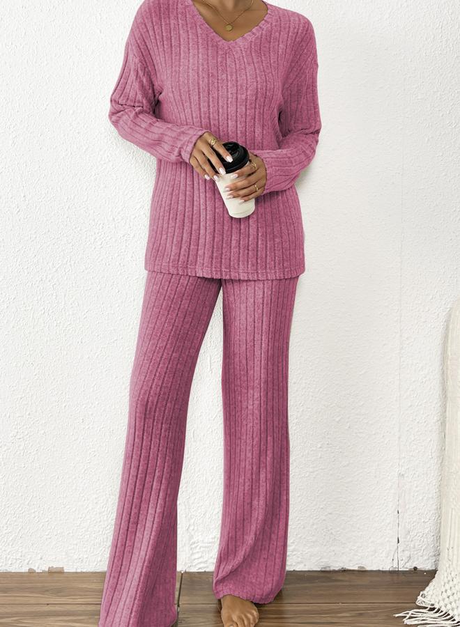 Take Two Pink Ribbed Knit V Neck T-Shirt and Pyjama Set - Image 1