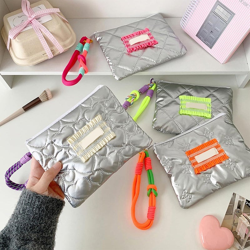 Fabric Cosmetic Storage Pouches Silver Embossed Designs with Portable Lanyard Envelope Bag for Daily Commute Makeup O - Image 2