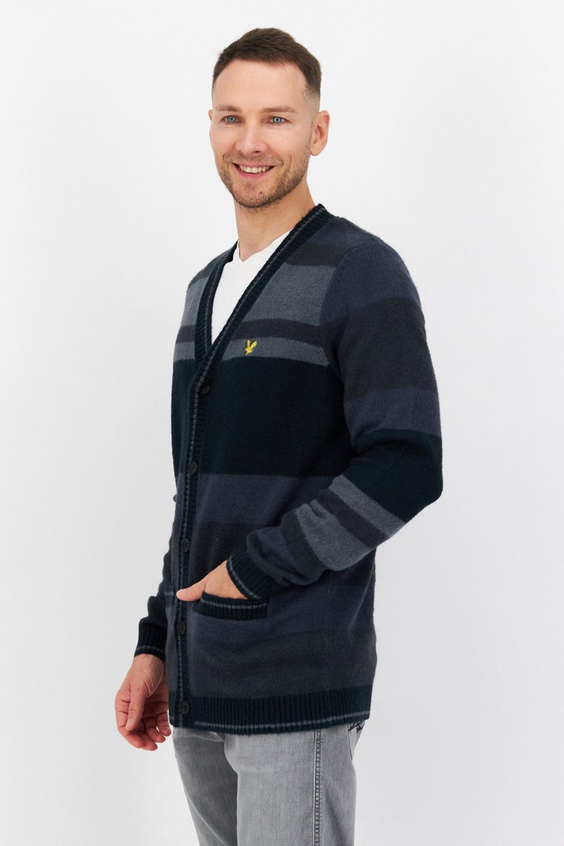 Lyle & Scott Men V-Neck Long Sleeve Embroidered Logo Cardigan, Blue Combo  - Image 4