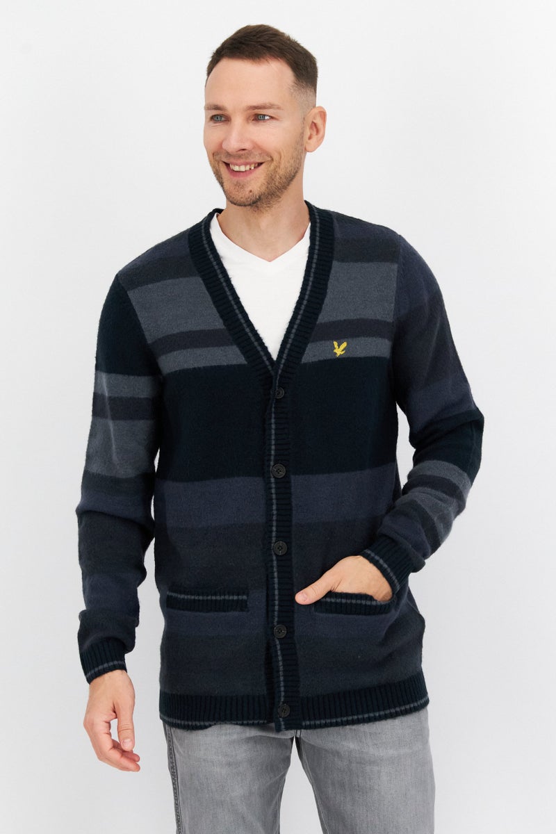 Lyle & Scott Men V-Neck Long Sleeve Embroidered Logo Cardigan, Blue Combo  - Image 1