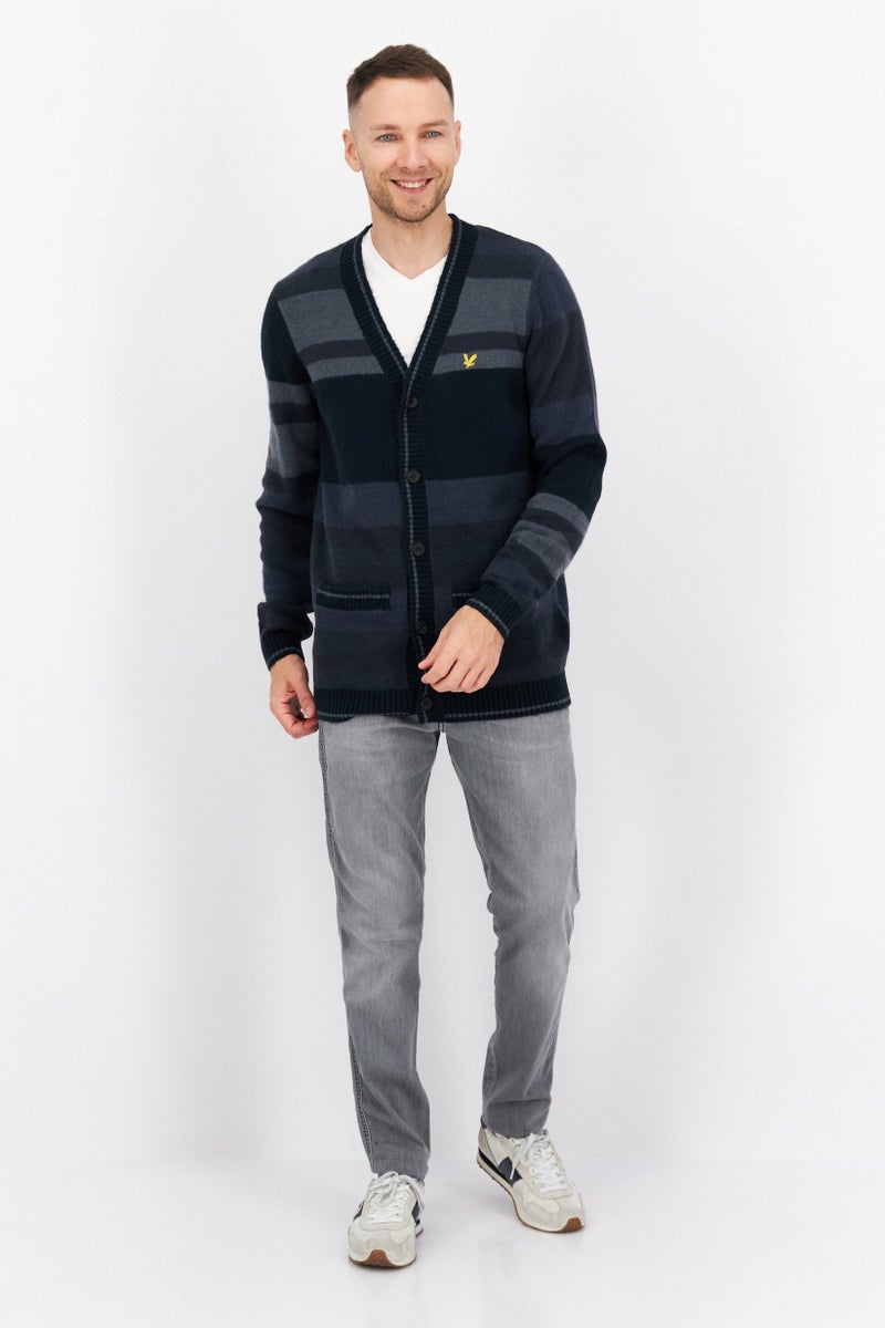 Lyle & Scott Men V-Neck Long Sleeve Embroidered Logo Cardigan, Blue Combo  - Image 3