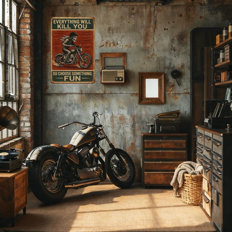 Skyocean Funny Biker Metal Tin Sign Vintage Motorcycle Wall Decor â€” â€œEverything Will Kill You So Choose Something Funâ€ Skeleton Rider Sign for Garage, Bar, Man Cave, or Gift for Bikers (somethingfun-001) - Image 4