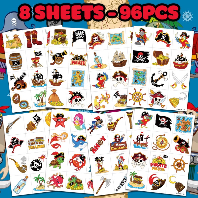 91TATTOOS 96Pcs Pirate Ship Nautical Pre-Cut Temporary Tattoos For Kids | Super Cute Theme Birthday Party Favors  Supplies  Decorations  Mermaid Treasure Fake Tattoo Stickers (Multiple) - Image 3