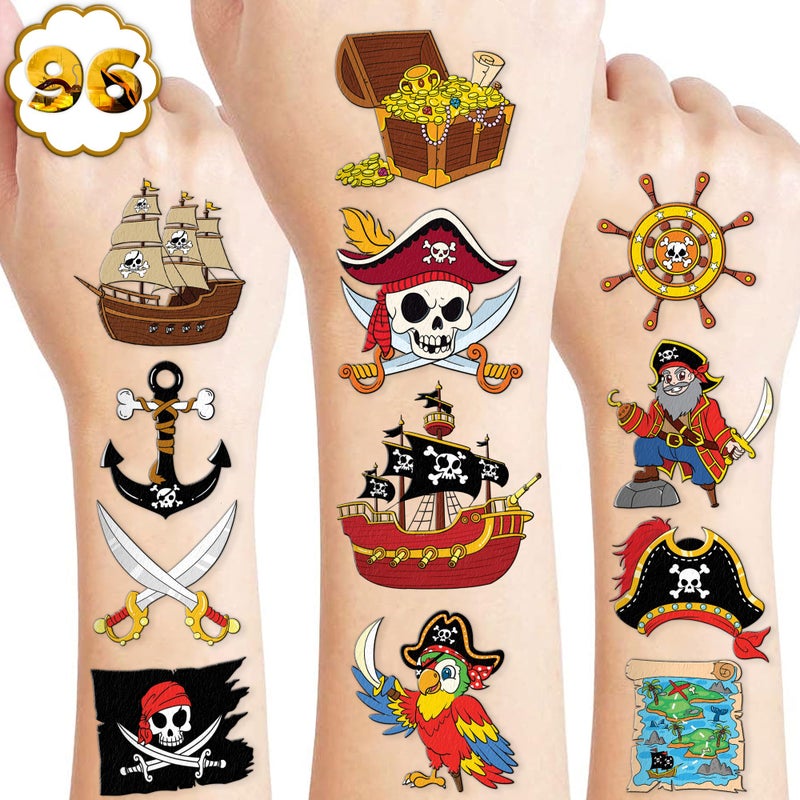 91TATTOOS 96Pcs Pirate Ship Nautical Pre-Cut Temporary Tattoos For Kids | Super Cute Theme Birthday Party Favors  Supplies  Decorations  Mermaid Treasure Fake Tattoo Stickers (Multiple) - Image 1